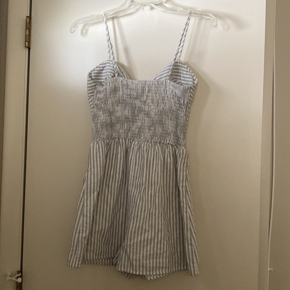Quiet Storm romper, white and gray striped w/ bow tie, open center, summer - Picture 3 of 6